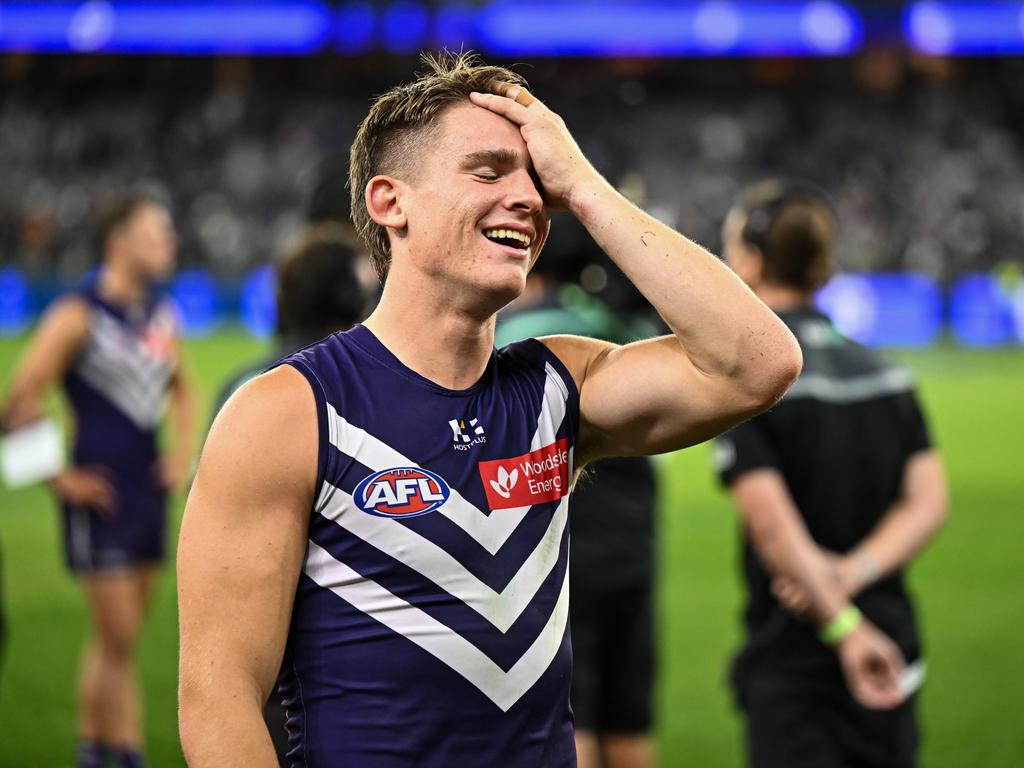 [PLAYERCARD]Caleb Serong[/PLAYERCARD] smiles after the win over the Western Bulldogs on Saturday night. Picture: Daniel Carson/AFL Photos via Getty Images.