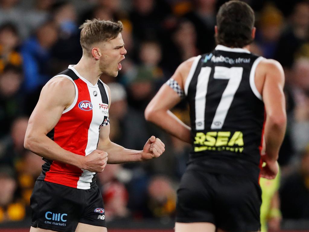[PLAYERCARD]Mason Wood[/PLAYERCARD] has found his voice at St Kilda. Picture: Dylan Burns/AFL Photos via Getty Images
