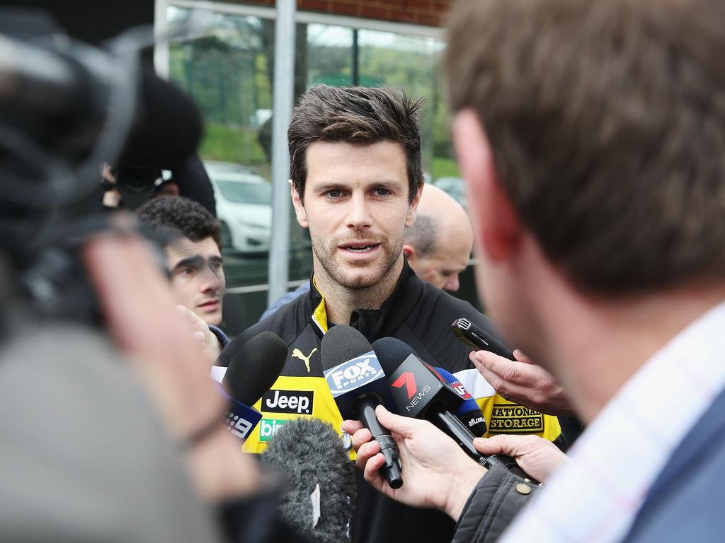 [PLAYERCARD]Trent Cotchin[/PLAYERCARD] speaks to the media after he was cleared of any penalty for his bump on [PLAYERCARD]Dylan Shiel[/PLAYERCARD] just days before the 2017 grand final. Picture: Michael Dodge/Getty Images