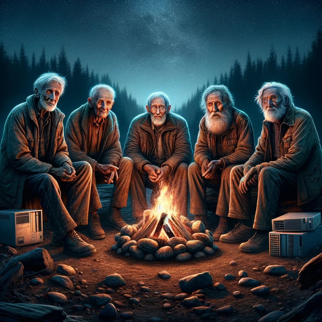 A group of grizzled old men sitting around a campfire in a rugged outdoor setting. The campfire is uniquely made of burning computers, emitting a soft glow on their faces. The men have weathered, expressive faces, showing a mix of nostalgia and sadness. They are dressed in casual, worn outdoor clothing, suggesting they've been there for a while. The background features a starry night sky and the faint silhouette of a forest, emphasizing the solitude and remoteness of their location.