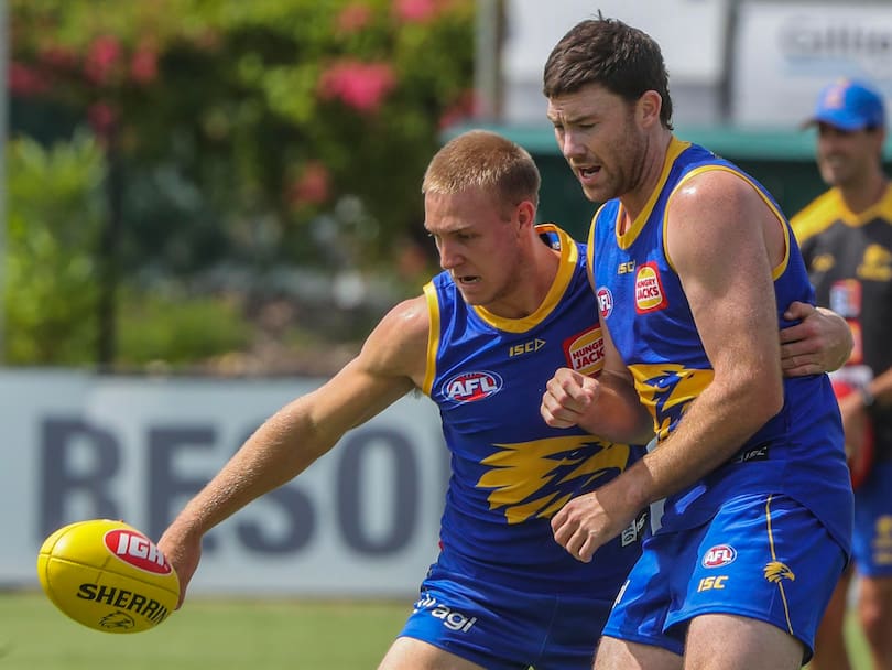 West Coast Eagles training. Oscar Allen, left and Jeremy McGovern, right.