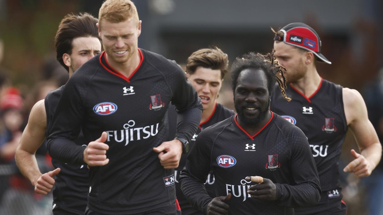 Peter Wright with Anthony McDonald-Tipungwuti at Bombers training. Picture: Daniel Pockett/AFL Photos/via Getty Images