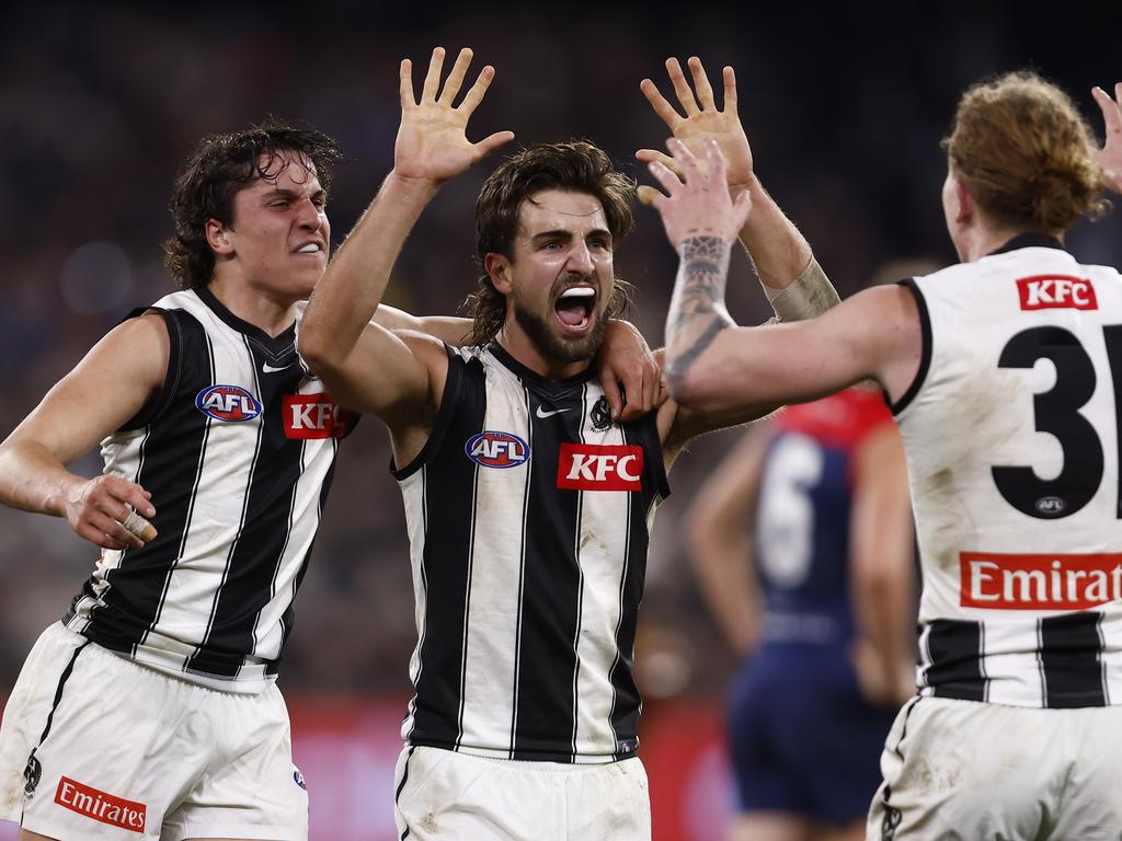 [PLAYERCARD]Josh Daicos[/PLAYERCARD] celebrates the stirring Magpies win against Melbourne at the MCG. Picture: Darrian Traynor/Getty Images