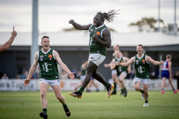 [PLAYERCARD]Anthony McDonald-Tipungwuti[/PLAYERCARD] jumps for joy in Imperials’ premiership win in the Sunraysia Football League.