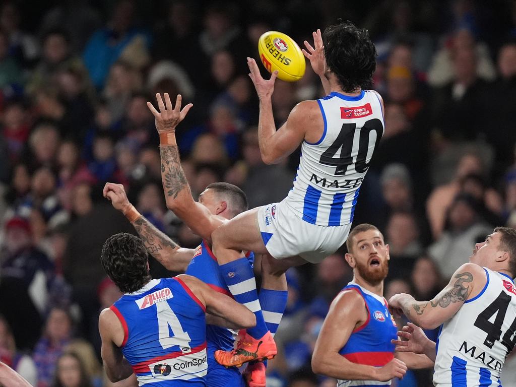 Eddie Ford leaps high against the Bulldogs. Picture: Daniel Pockett/Getty Images