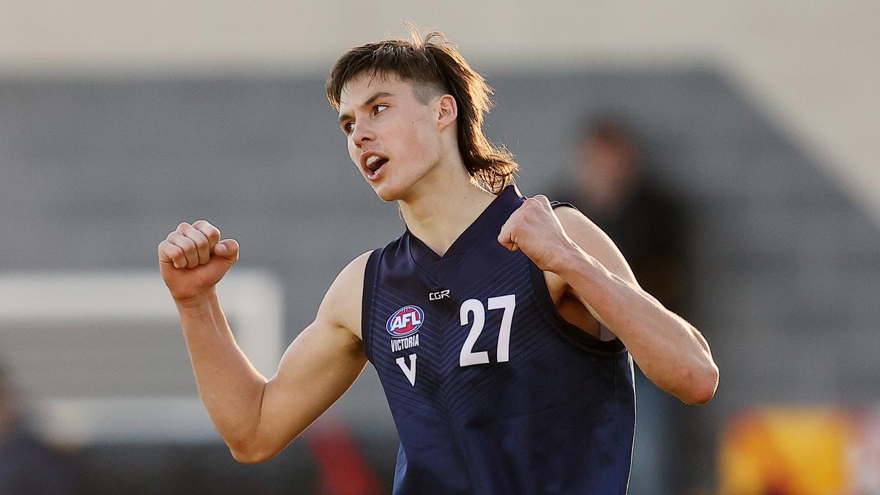 Sam Darcy celebrates a goal in a dominant trial match display for Vic Metro. Picture: Martin Keep/AFL Photos via Getty Images