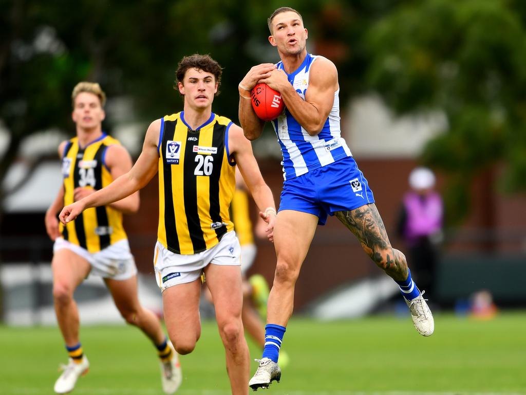 North Melbourne’s Sam Lowson is a hot mid-season draft prospect. Picture: Josh Chadwick/Getty Images