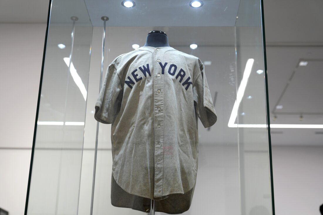 Babe Ruth's New York Yankees jersey, that he's said to have worn in a memorable Game 3 of the 1932 World Series, is displayed at Heritage Auction in Irving, Texas, days before its record sale.