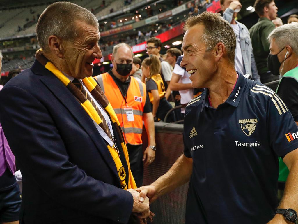 Jeff Kennett and former Hawthorn coach Alastair Clarkson in happier times. Picture: Getty