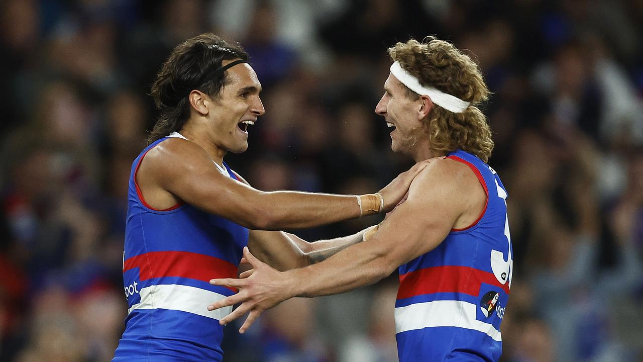 Jamarra Ugle-Hagan and [PLAYERCARD]Aaron Naughton[/PLAYERCARD] celebrate. (Photo by Daniel Pockett/Getty Images)