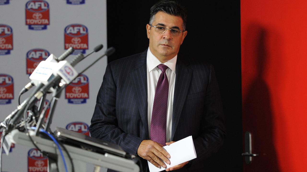 Andrew Demetriou speaking at an AFL press conference about the drugs saga in 2013. Picture: AAP Images