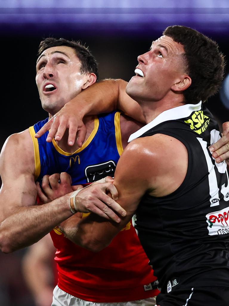 Oscar McInerney and Rowan Marshall went toe-to-toe in the ruck. Picture: Dylan Burns/AFL Photos