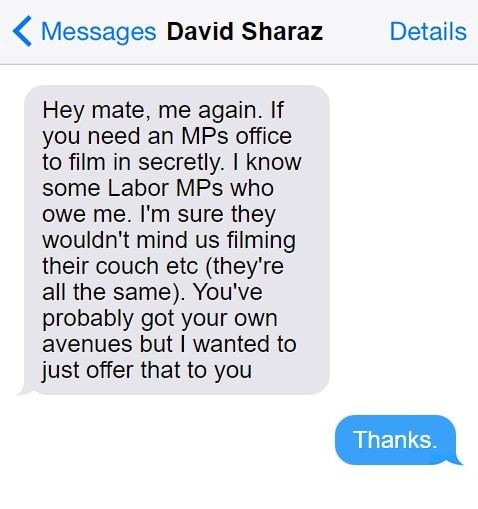 Mock-up texts showing exchanges between David Sharaz and Angus Llewellyn.