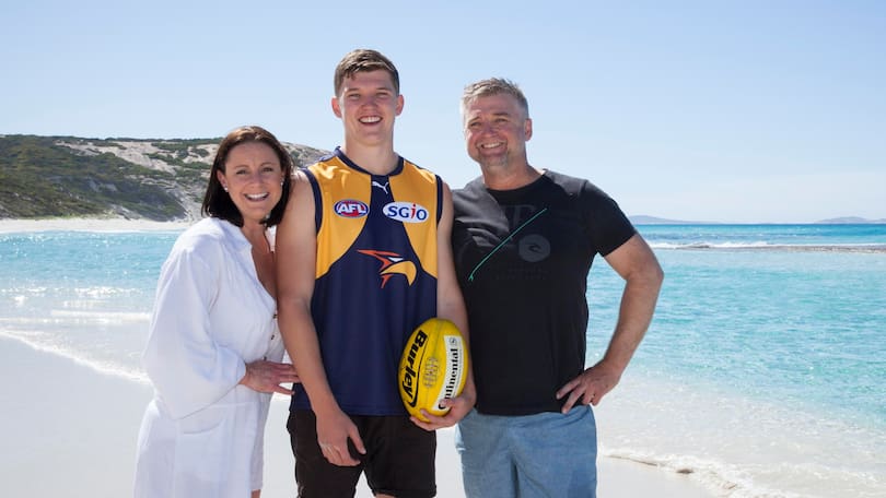 Eagles player Brayden Ainsworth with his step mother Kate and father Barry. Brayden was drafted to the West Coast Eagles at pick 32 in the 2017 AFL National Draft.
