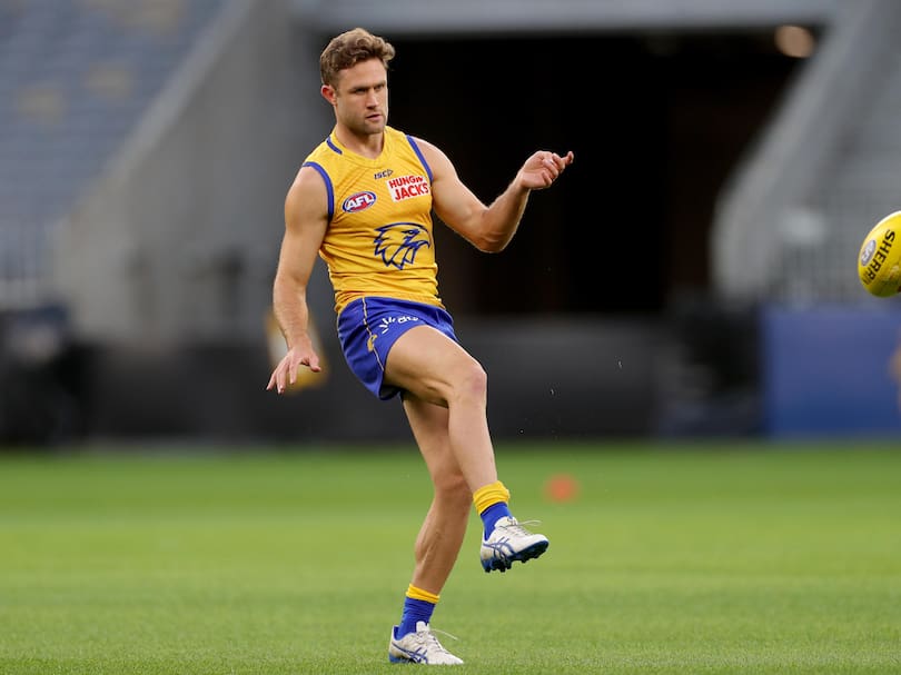 Mark Hutchings is seen during a West Coast Eagles training session at Optus Stadium in Perth