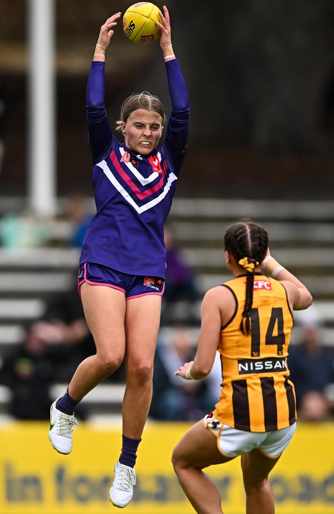 Mikayla Hyde marks for the Dockers last season. She’s being tipped for big things. Picture: Daniel Carson/AFL Photos via Getty Images