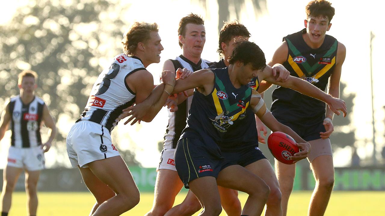 [PLAYERCARD]Alwyn Davey[/PLAYERCARD] played for the Australian under 18 team against Collingwood’s VFL side in May. Picture: AFL Photos