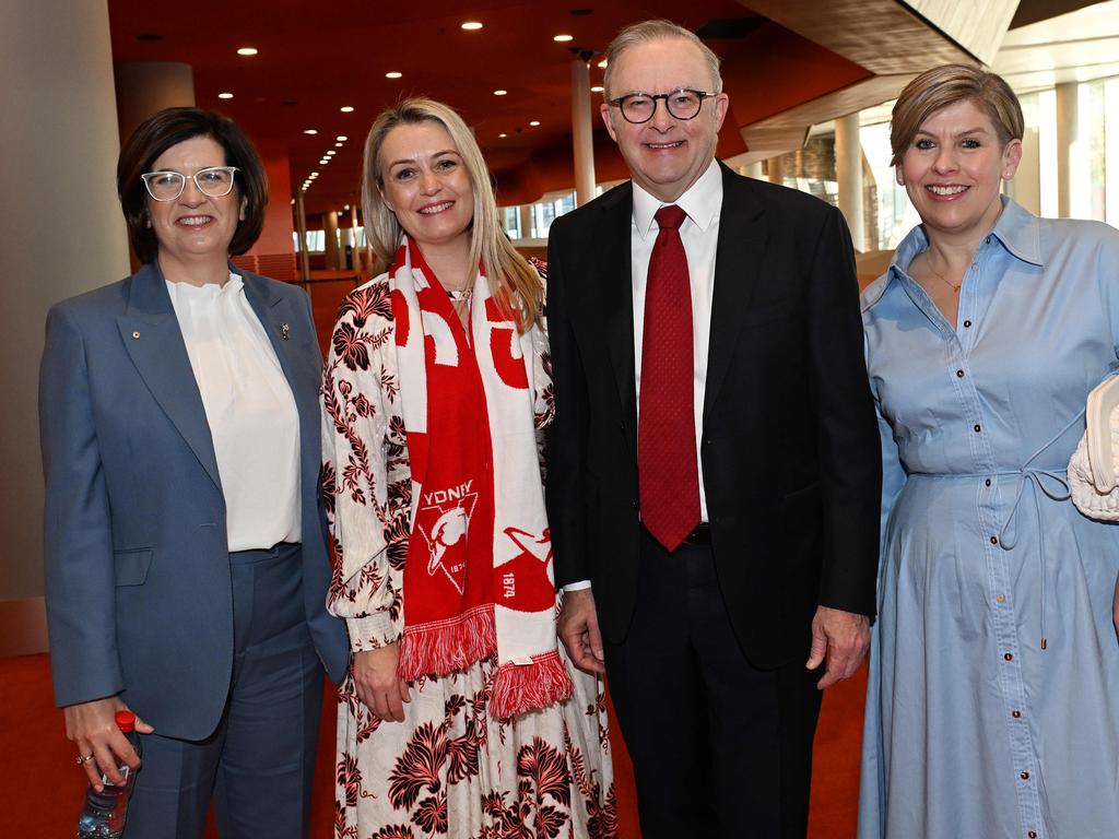 North Melbourne president Dr Sonja Hood, Jodie Haydon, Prime Minister Anthony Albanese and Jen Watt. Picture: Josie Hayden