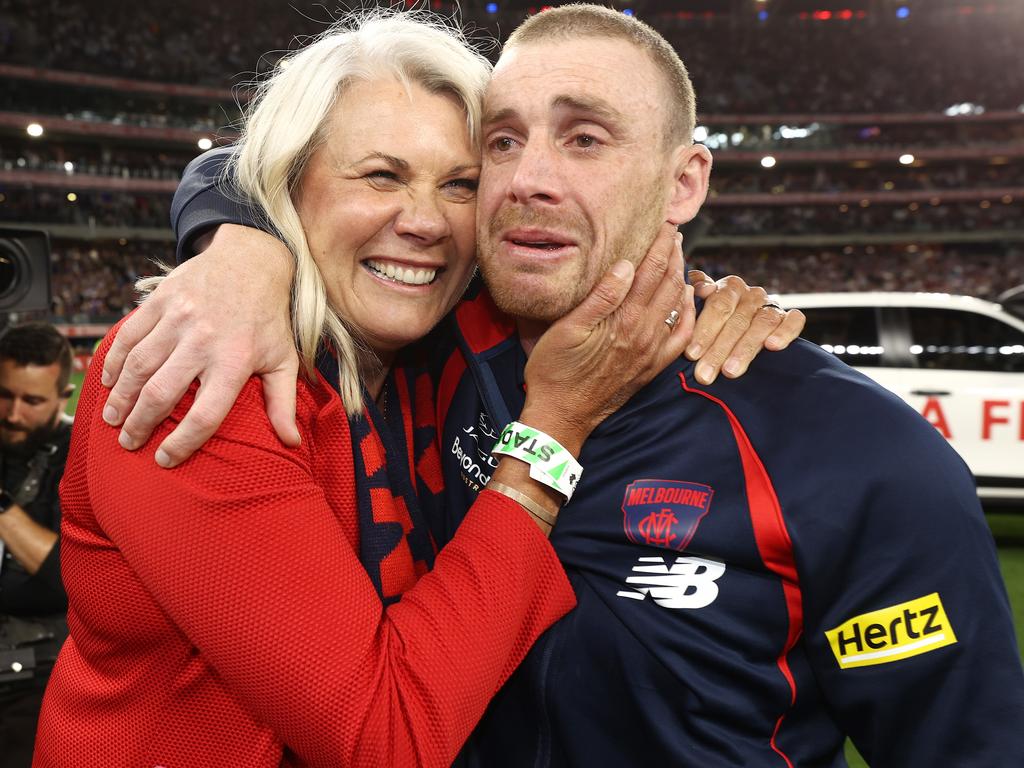 Kate Roffey and [PLAYERCARD]Simon Goodwin[/PLAYERCARD] embrace after the Demons’ 2021 premiership. Picture: Michael Klein