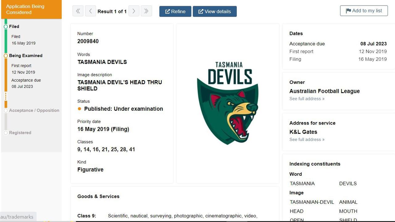 Tasmania Devils logo registered as a trademark with IP Australia by the Australian Football League in 2019. Picture: IP Australia