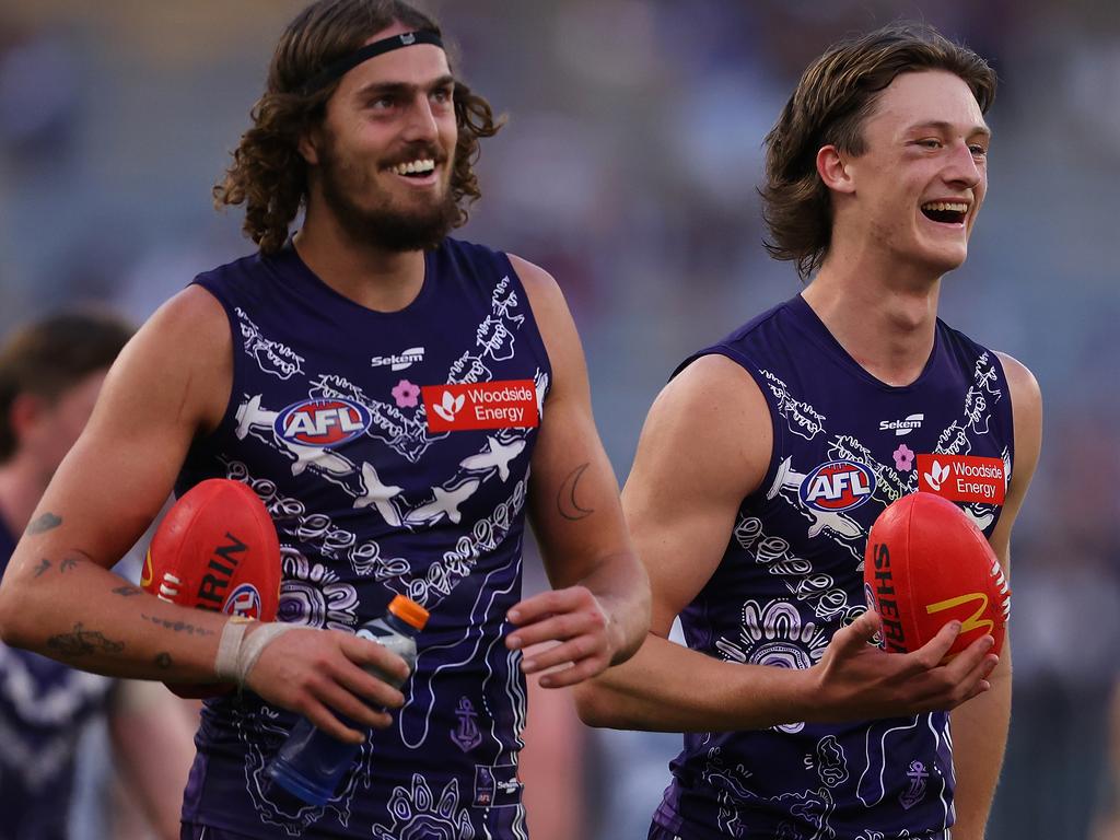 [PLAYERCARD]Luke Jackson[/PLAYERCARD] and Jye Amiss after a Dockers’ win in 2023. Picture: Paul Kane/Getty Images