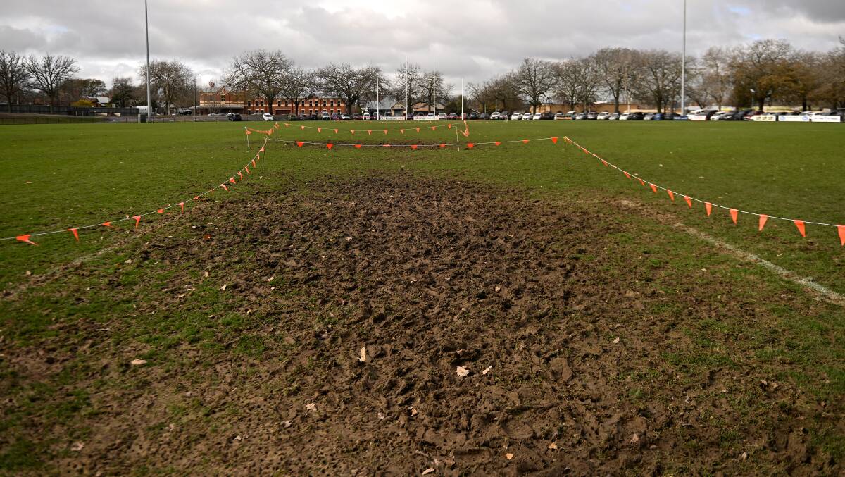 The goals squares at City Oval have been roped off for use, but the centre square is holding up well. Picture by Adam Trafford