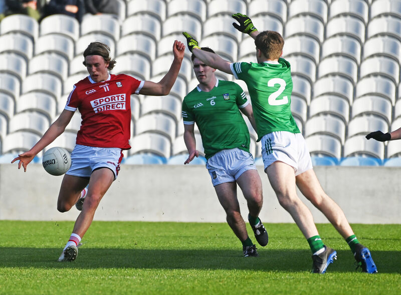 Cork's Liam O'Connell shoots from Limerick's Tadhg Hourigan during the EirGrid Munster under 20 FC semi-final. Pic: Eddie O'Hare