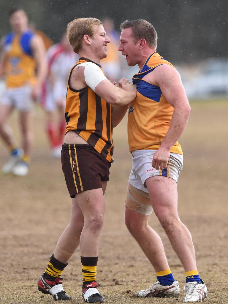 Rowville’s Ben Kernick (left) and Noble Park’s [PLAYERCARD]Shane Valenti[/PLAYERCARD]. Picture: Chris Eastman