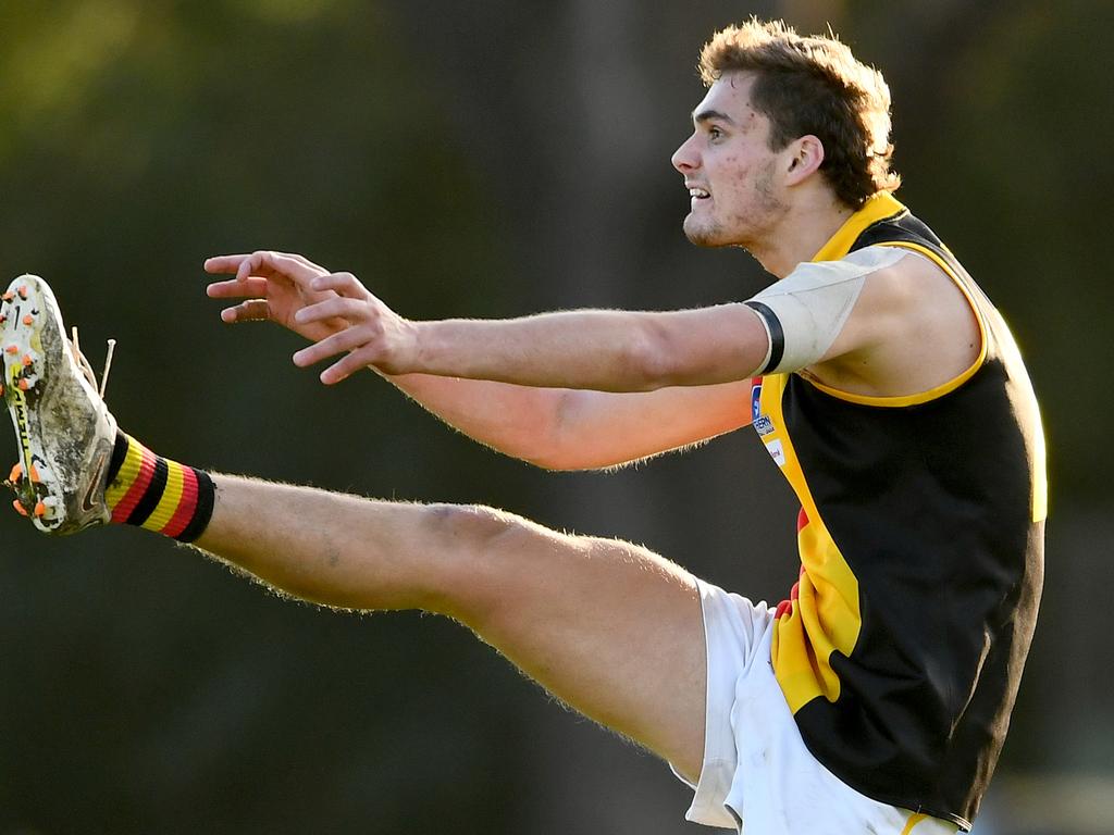 Finn Ryan kicks for Cheltenham in the Southern Football Netball League Division 1. Picture: Josh Chadwick