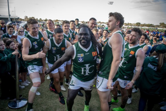 [PLAYERCARD]Anthony McDonald-Tipungwuti[/PLAYERCARD] celebrates Imperials’ premiership in Mildura on Saturday.