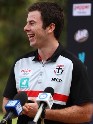 Higgins speaking with the media on Sunday. Picture: Robert Cianflone/Getty Images