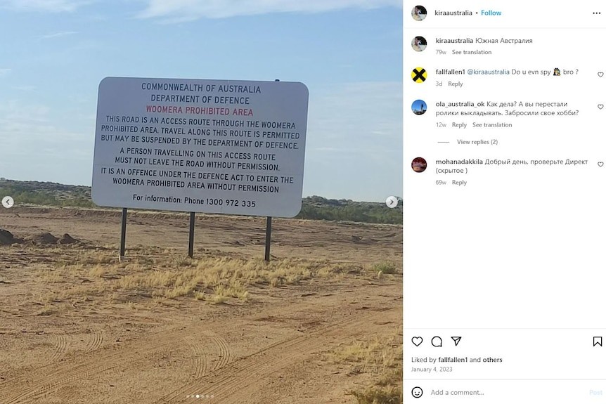 A screenshot of an Instagram post showing a sign at the entrance to the restircted Woomera defense facility