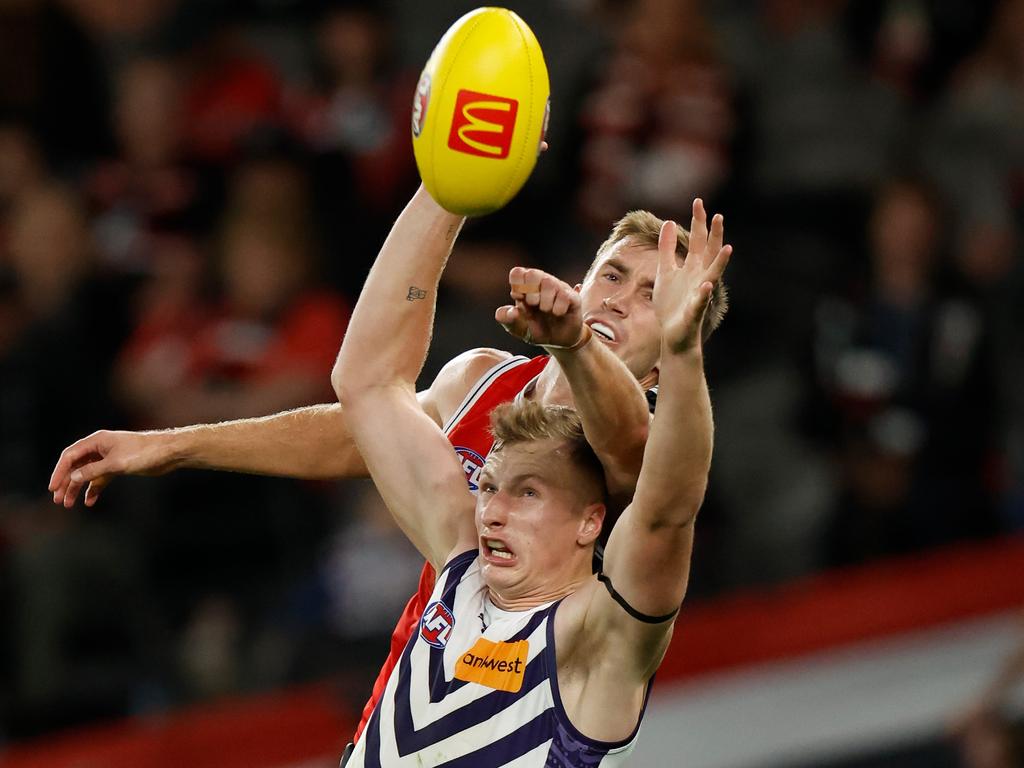 Treacy is still earning how to handle his frame and physicality at an AFL level. Picture: Michael Willson/AFL Photos via Getty Images