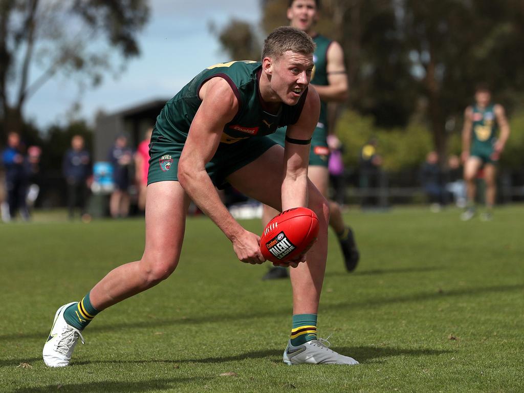 Arie Schoenmaker of the Tassie Devils. Picture: Kelly Defina/AFL Photos/via Getty Images