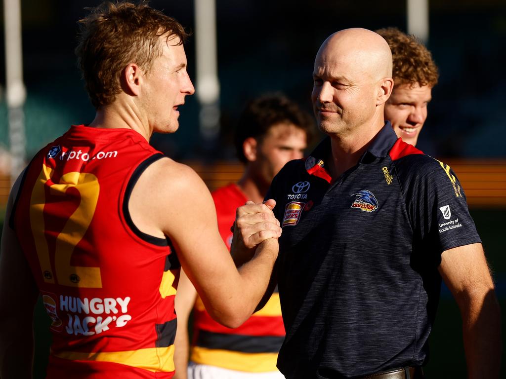 Dawson with senior coach [PLAYERCARD]Matthew Nicks[/PLAYERCARD]. Picture: Michael Willson/AFL Photos