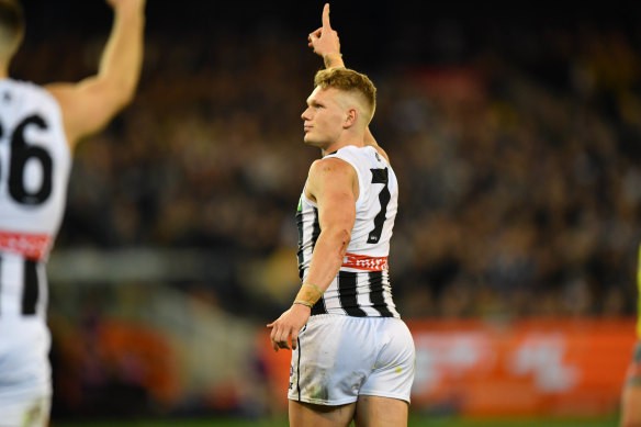 [PLAYERCARD]Adam Treloar[/PLAYERCARD] in Collingwood colours in the 2018 preliminary final