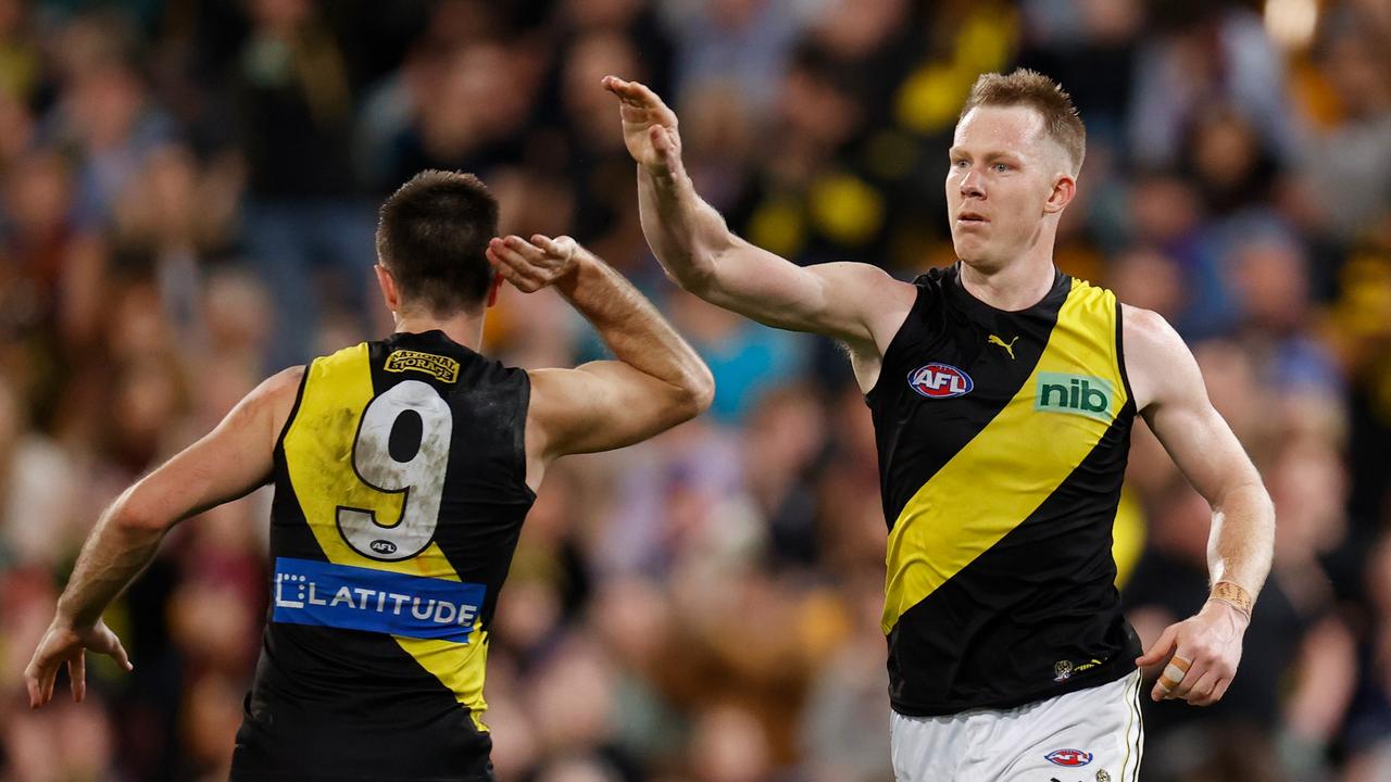 [PLAYERCARD]Trent Cotchin[/PLAYERCARD] (left) and Jack Riewoldt have signed one-year deals. Picture: Michael Willson/AFL Photos via Getty Images