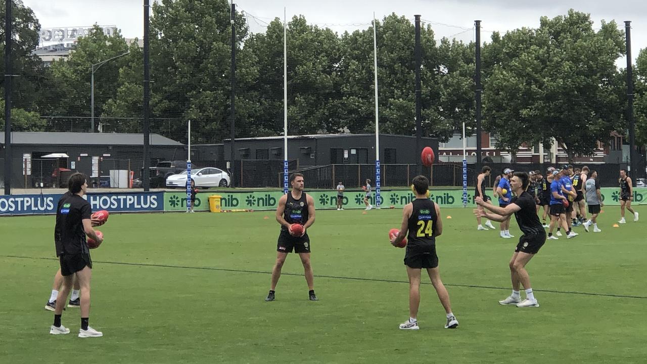 A group of Tigers — Josh Gibcus, Tylar Young, Taj Hotton and Jonty Faull — trained away from the main group on Friday before leaving the session early. Jack Ross, also pictured, remained on the field.