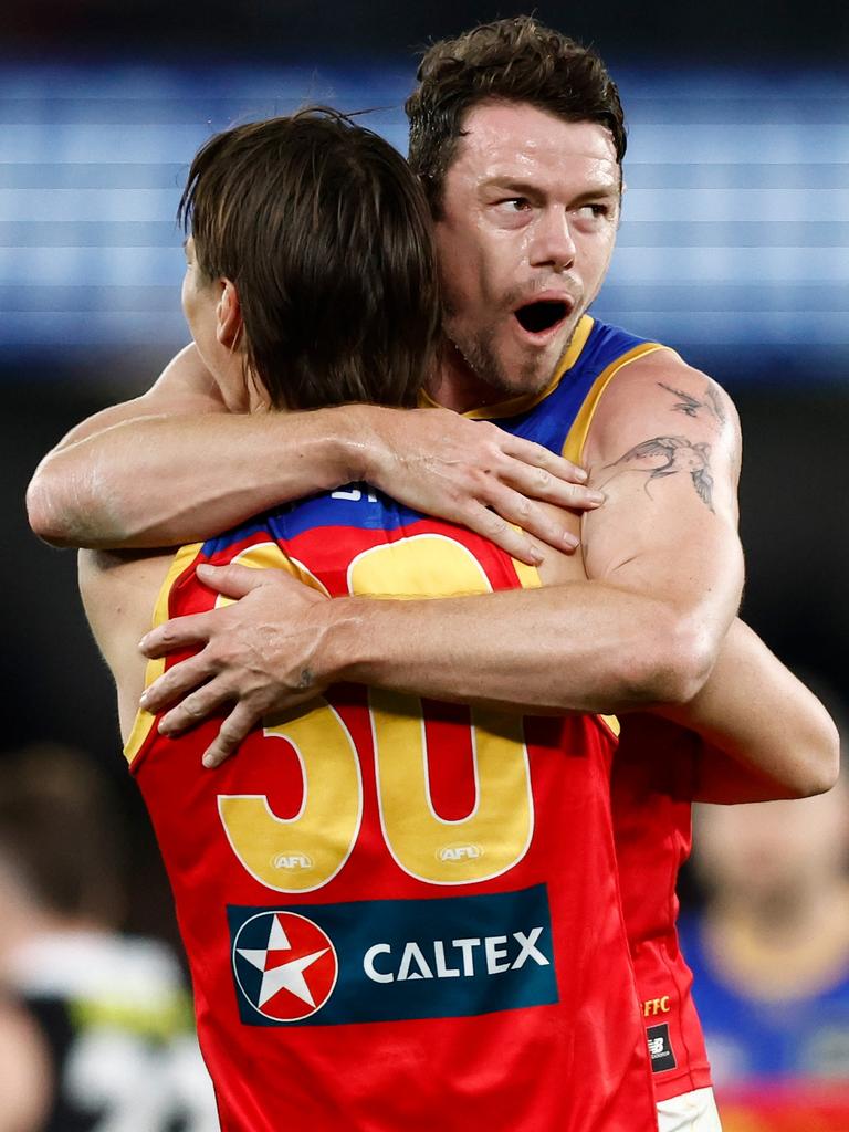 Eric Hipwood and Lachie Neale celebrate a Brisbane goal. Picture: Michael Willson/AFL Photos via Getty Images