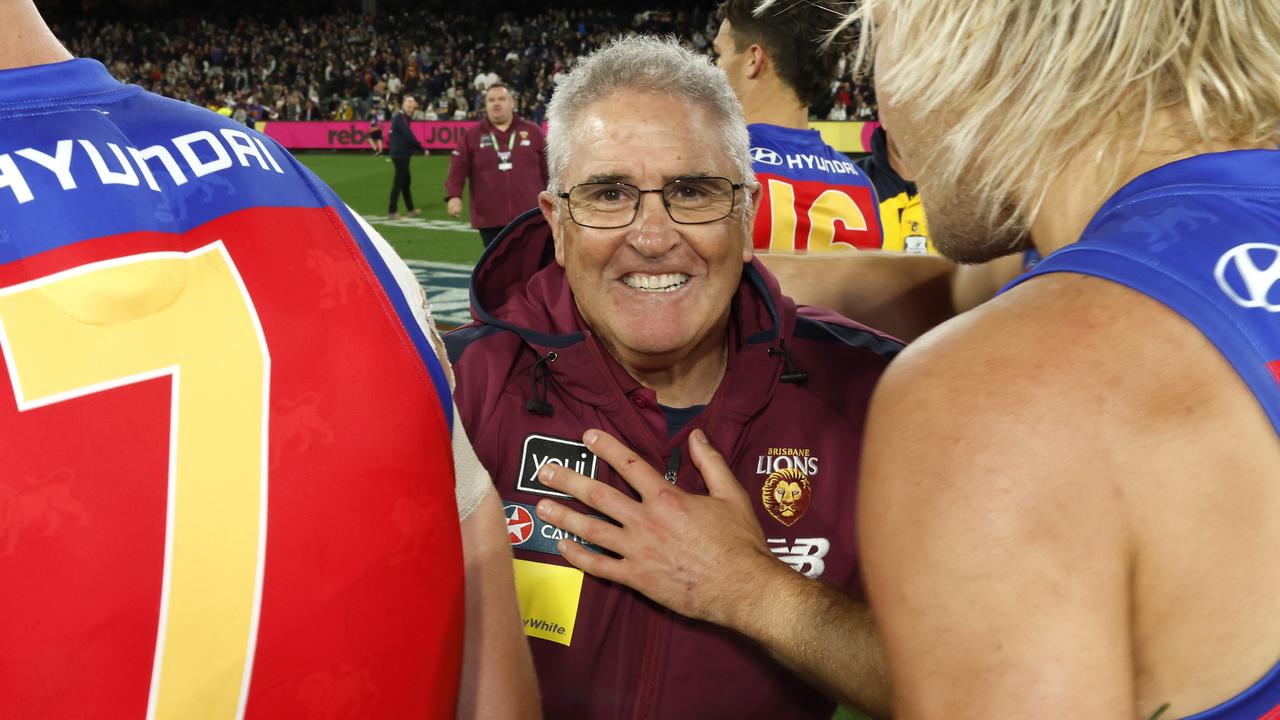 You couldn’t wipe the smile off Chris Fagan’s face post-match on Saturday night. Photo: Darrian Traynor/AFL Photos/via Getty Images.