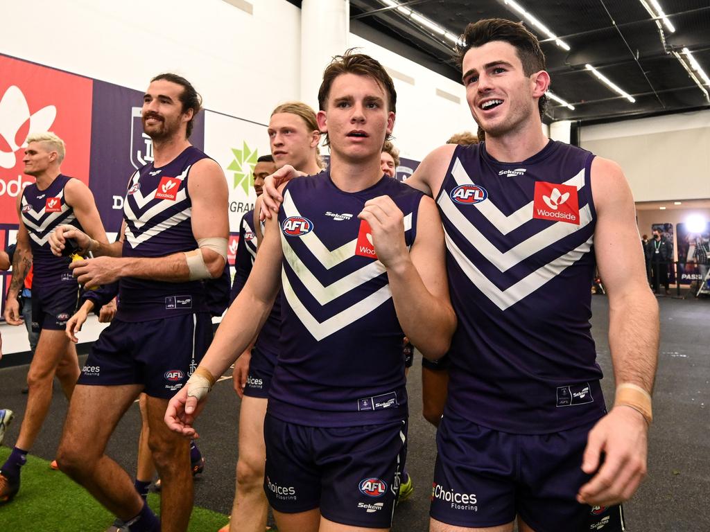 [PLAYERCARD]Caleb Serong[/PLAYERCARD] and [PLAYERCARD]Andrew Brayshaw[/PLAYERCARD] are both ready to step up if needed. Picture: Daniel Carson/AFL Photos via Getty Images