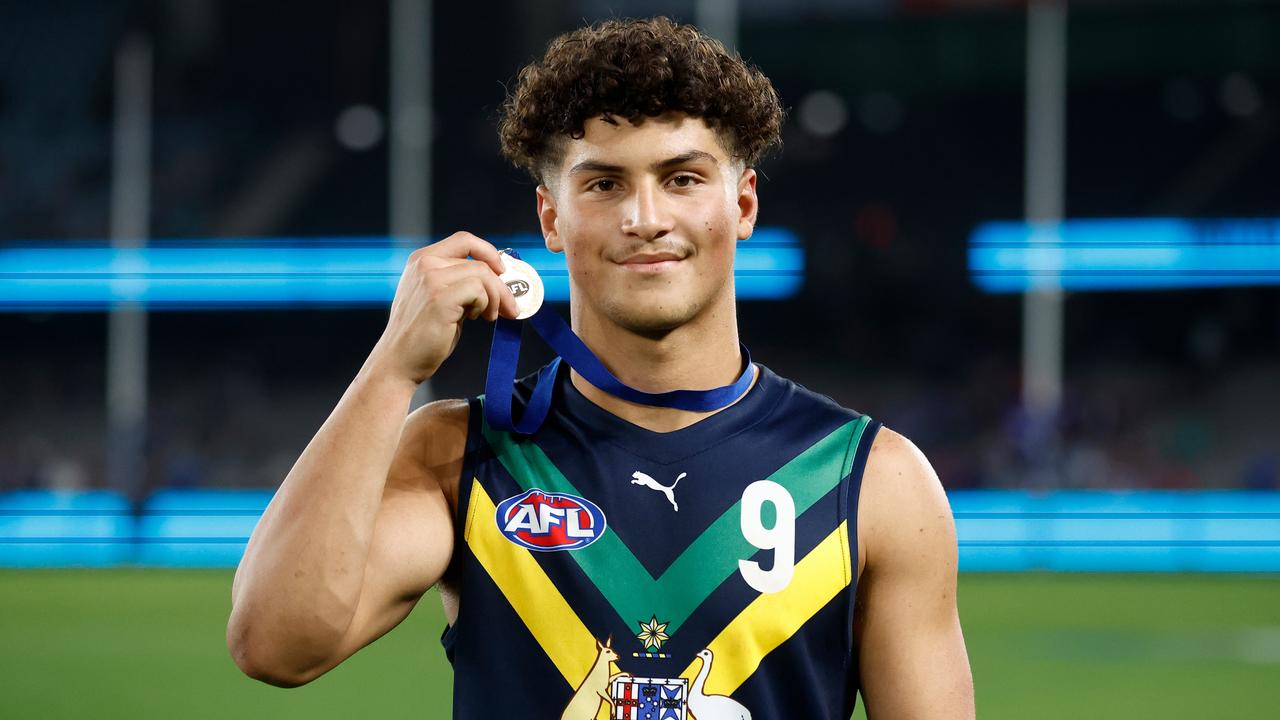 Jake Rogers of the AFL Academy with his best on ground medal in May. Picture: Michael Willson/AFL Photos via Getty Images