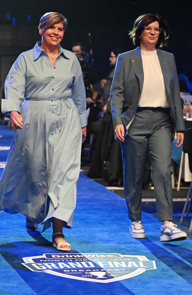 Jen Watt and Sonja Hood at the North Melbourne Grand Final Breakfast. Picture: Josie Hayden