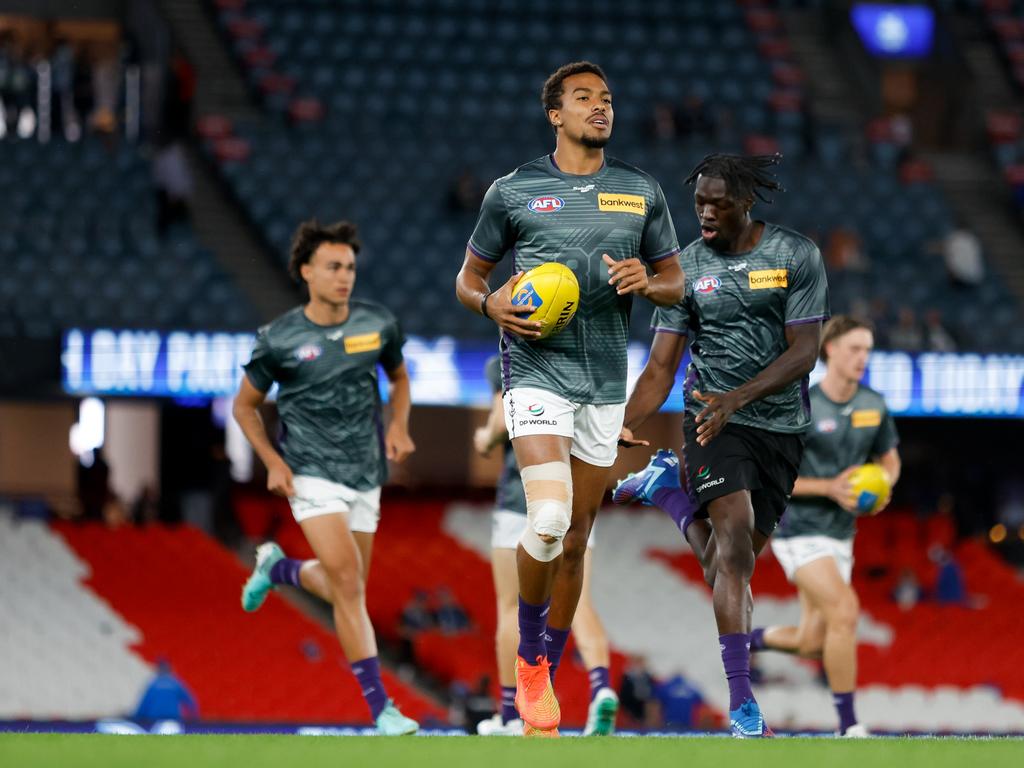 Brandon Walker of the Dockers warms up before the match in Round 2. Picture: Dylan Burns/AFL Photos via Getty Images.