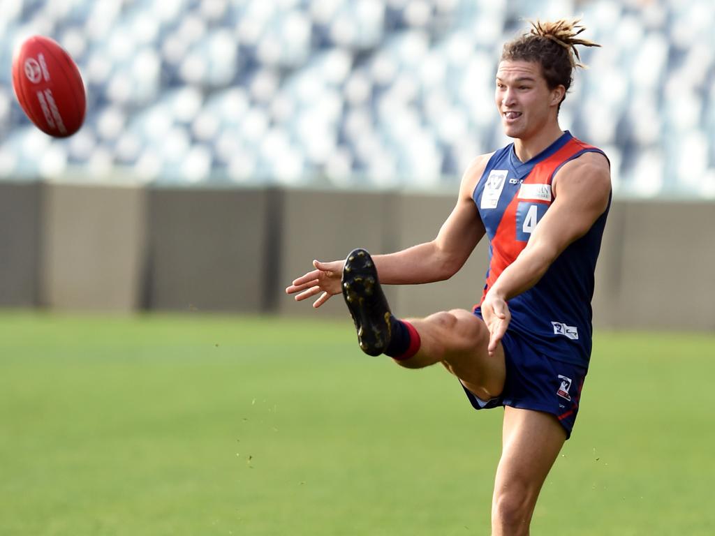 Lowson in action for Coburg against Geelong in 2019. He injured his leg later in the game, which ended his hopes of being taken in the mid-season draft that year.