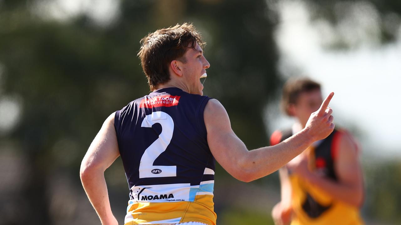 Harvey Gallagher celebrates a goal. Picture: Graham Denholm/AFL Photos via Getty Images