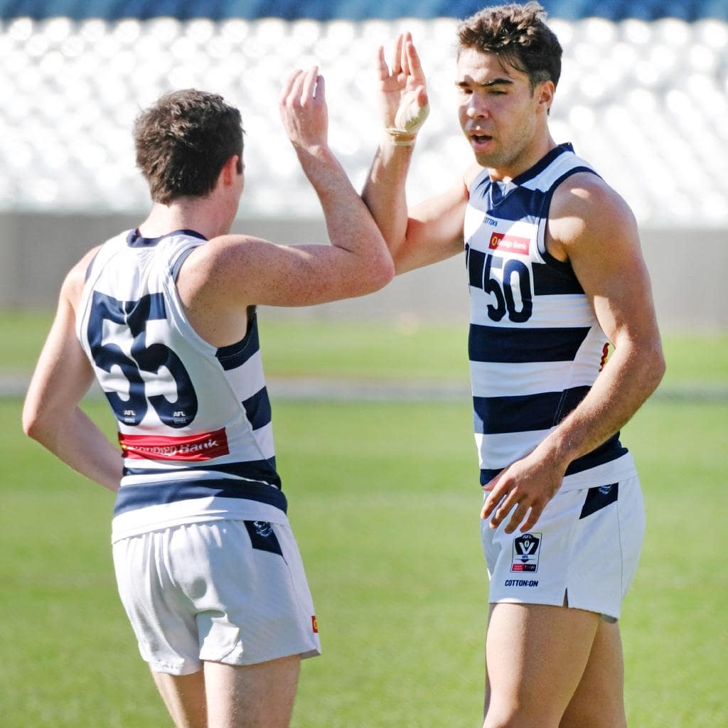 Luke Smith (55) celebrates a goal in the VFL. Picture: Mark Wilson