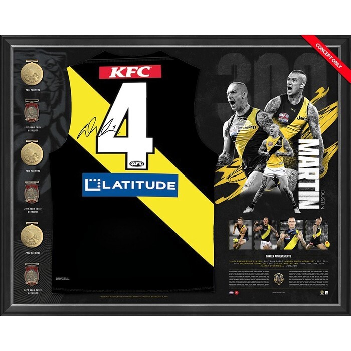 Photo of Dustin Martin Signed 300 Game Match Worn Guernsey - Richmond v Hawthorn - Round 14