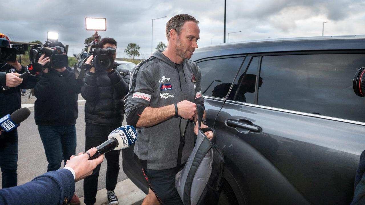 [PLAYERCARD]Ben Rutten[/PLAYERCARD] leaves Essendon HQ amid the drama. Picture: Tony Gough