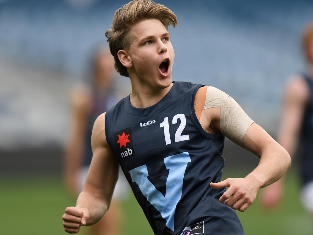 Will Ashcroft celebrates a goal during the Under 17 Championships match between Vic Country and Vic Metro at Geelong last year.